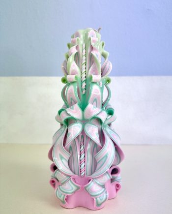 Carved candle from Ukraine, pastel pink & green