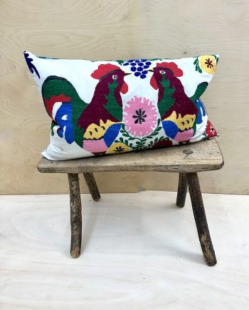 Suzani Cushion, two roosters, Uzbekistan